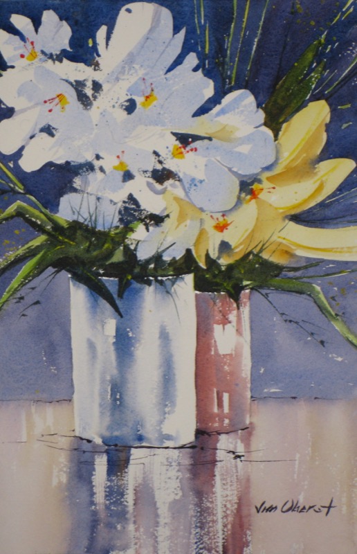 still life, flowers, vase, original watercolor painting, oberst